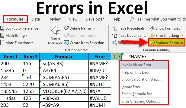 Errors in Excel formulas